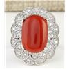 Image 1 : 9.07 CTW Natural Coral And Diamond Ring In 14k White Gold