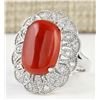 Image 2 : 9.07 CTW Natural Coral And Diamond Ring In 14k White Gold