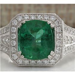 4.30 CTW Natural Colombian Emerald And Diamond Ring 14K Solid White Gold