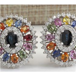 8.55 CTW Natural Sapphire And Diamond Earrings 18K Solid White Gold