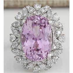 12.00 CTW Natural Kunzite And Diamond Ring 14K Solid White Gold