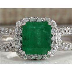 2.18 CTW Natural Emerald And Diamond Ring 18K Solid White Gold