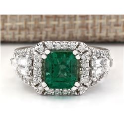 4.05 CTW Natural Emerald And Diamond Ring In 18K White Gold