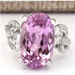 13.86 CTW Natural Kunzite And Diamond Ring In 18K White Gold