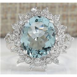 3.28 CTW Natural Blue Aquamarine And Diamond Ring In 18K White Gold