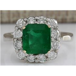 3.15 CTW Natural Colombian Emerald And Diamond Ring In 18K White Gold