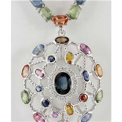 51.62 CTW Natural Sapphire And Diamond Necklace In 18K White Gold