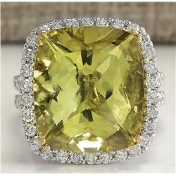 14.12 CTW Natural Lemon Quartz And Diamond Ring In18K Solid White Gold