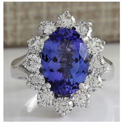 5.66 CTW Natural Blue Tanzanite And Diamond Ring In 14K White Gold