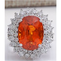 12.01 CTW Natural Mandarin Garnet And Diamond Ring 18K Solid White Gold