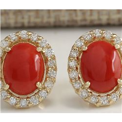 3.10 CTW Natural Red Coral And Diamond Earrings 18K Solid Yellow Gold