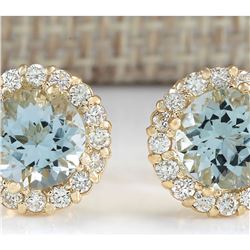 3.65 CTW Natural Aquamarine And Diamond Earrings 18K Solid Yellow Gold