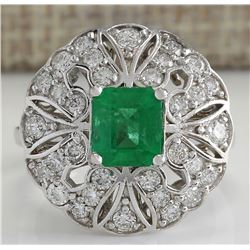 2.45 CTW Natural Emerald Diamond Ring 18K Solid White Gold