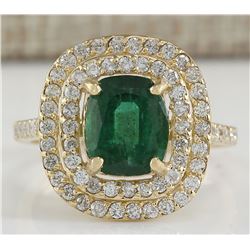 3.03 CTW Natural Emerald And Diamond Ring 14K Solid Yellow Gold