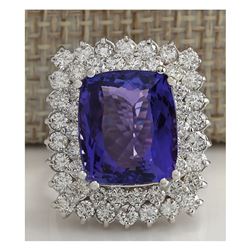 12.40 CTW Natural Blue Tanzanite And Diamond Ring 18K Solid White Gold