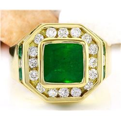 MENS 5.95 CTW Natural Emerald 14K Solid Yellow Gold Diamond Ring