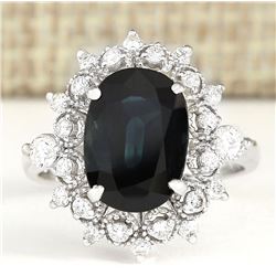5.08 CTW Natural Blue Sapphire And Diamond Ring 18K Solid White Gold