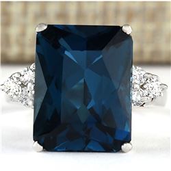 7.30 CTW Natural London Blue Topaz And Diamond Ring In18K Solid White Gold