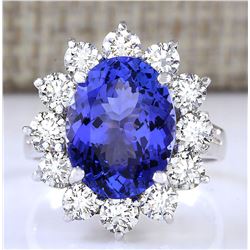 6.78 CTW Natural Blue Tanzanite And Diamond Ring 18K Solid White Gold