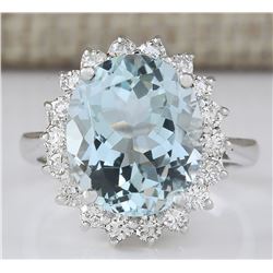 6.80 CTW Natural Aquamarine And Diamond Ring In 18K Solid White Gold