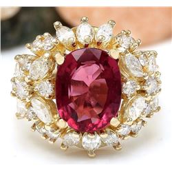 5.43 CTW Natural Rubelite 14K Solid Yellow Gold Diamond Ring