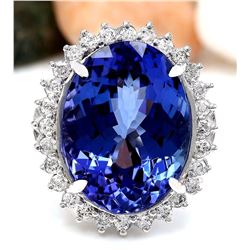 19.64 CTW Natural Tanzanite 18K Solid White Gold Diamond Ring