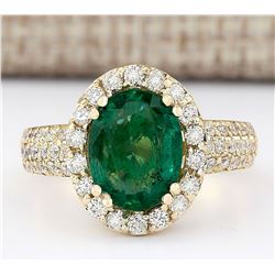 3.46 CTW Natural Emerald And Diamond Ring In 18K Yellow Gold