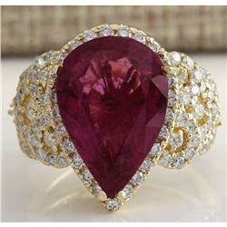 8.27 CTW Natural Rubelite And Diamond Ring 18K Solid Yellow Gold