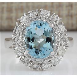 4.40 CTW Natural Aquamarine And Diamond Ring In 18K Solid White Gold
