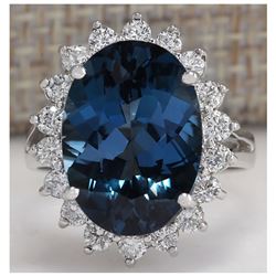 10.32CTW Natural London Blue Topaz And Diamond Ring In18K Solid White Gold