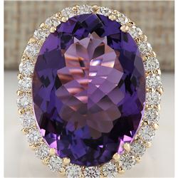 16.86 CTW Natural Amethyst And Diamond Ring In 14K Yellow Gold