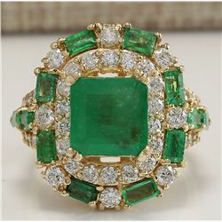 6.90 CTW Natural Emerald And Diamond Ring 18K Solid Yellow Gold