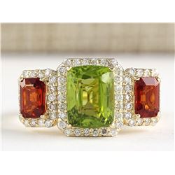 5.85 CTW Natural Peridot And Sapphire Diamond Ring In 18K Yellow Gold
