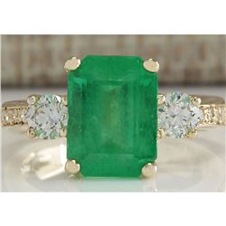 4.70 CTW Natural Colombian Emerald And Diamond Ring 18K Solid Yellow Gold