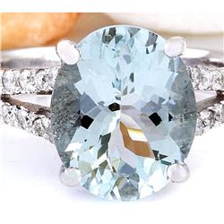 5.30 CTW Natural Aquamarine 14K Solid White Gold Diamond Ring