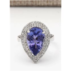6.28 CTW Natural Blue Tanzanite And Diamond Ring In 18K White Gold