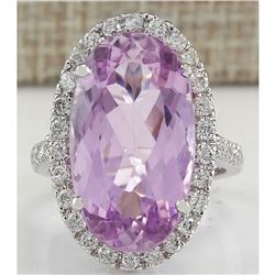 16.40 CTW Natural Kunzite And Diamond Ring 18K Solid White Gold