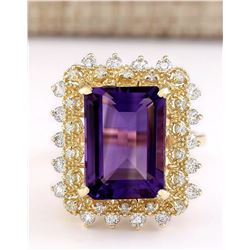 9.15 CTW Natural Amethyst And Diamond Ring In 14k Solid Yellow Gold