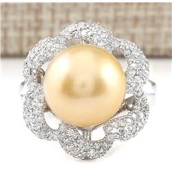 1.00 CTW Natural 11.95mm Gold South Sea Pearl Diamond Ring 14k White Gold