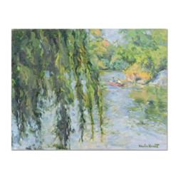 Charles Knecht, "Central Park Lake" Original Oil Painting on Canvas, Hand Signed with Letter of Auth