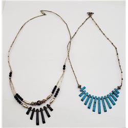 2-SILVER BEADED NECKLACES WITH TURQOISE AND
