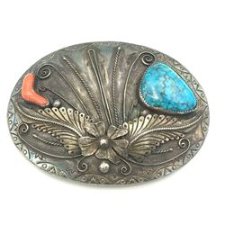 "AL" STAMPED NAVAJO BELT BUCKLE CORAL/TURQ