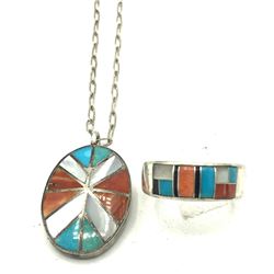 STAMPED ZUNI RING&NECKLACE CLASSIC COLORS