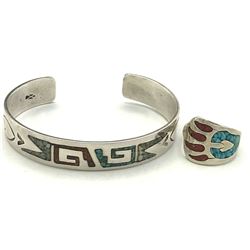 2PC LOT W INLAY BRAECLET & RING PAW