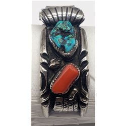 NAVAJO CUFF WATCH BAND w/TURQUOISE/CORAL