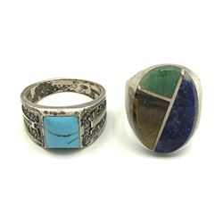 2 MEN'S NAVAJO RINGS TURQ, ABALONE, LAPIS