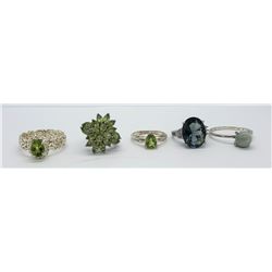 5-STERLING RINGS w/GREEN STONES