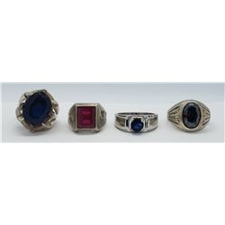 4-MEN'S STERLING RINGS WITH DEEP RED & BLUE