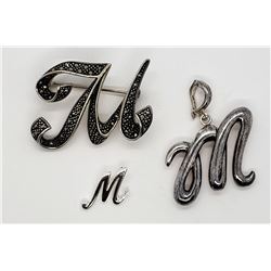 STERLING "M" INITIAL JEWELRY:  (1)MARCASITE