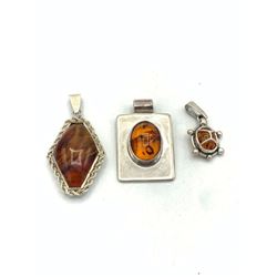 3 STERLING PENDANTS W/ BALTIC AMBER CNTR!